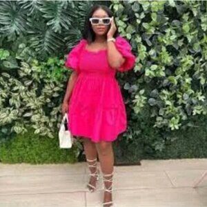 Avec Les Filles Puff Sleeve Poplin Tiered Dress Pink Size XS